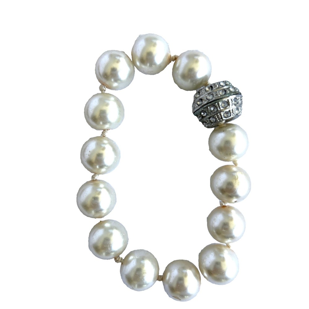 Large Faux Pearl Bracelet with Silver Tone Rhinestone Magnetic Clasp